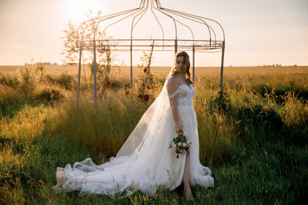 Portfolio Mariage Ingrid et Nicolas - Patrick PIERRE Photographe Portrait de la mariée à la golden hour au Domaine de Vaujoly.